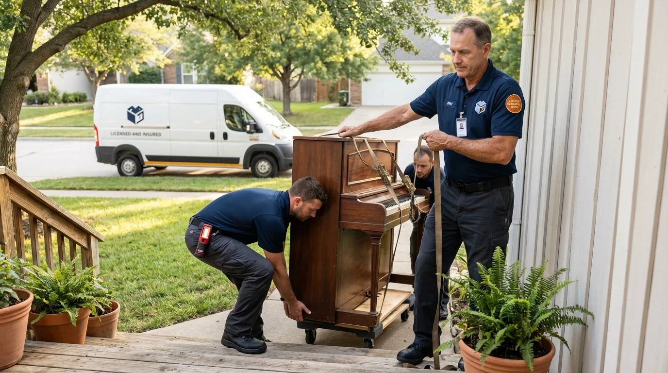 Licensed piano movers securing grand piano in Discovery Bay, CA